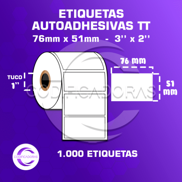 Rollo De Etiquetas Adhesivas 76mm X 51mm Tt – (Termo Transferesncia) – Tuco 1″ – Mil Etiquetas Por Rollo