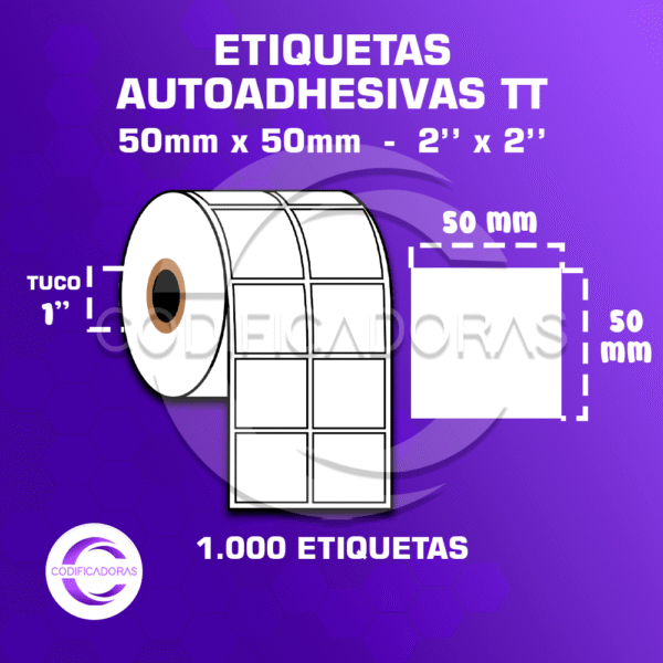 ROLLO DE ETIQUETAS ADHESIVAS 50MM X 50MM TT – (TERMO TRANSFERESNCIA) – TUCO 1″ – MIL ETIQUETAS POR ROLLO