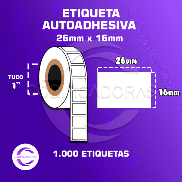 ROLLO DE ETIQUETAS ADHESIVAS 26MM X 16MM PARA FECHADORA – TUCO 1” – 1MIL ETIQUETAS POR ROLLO