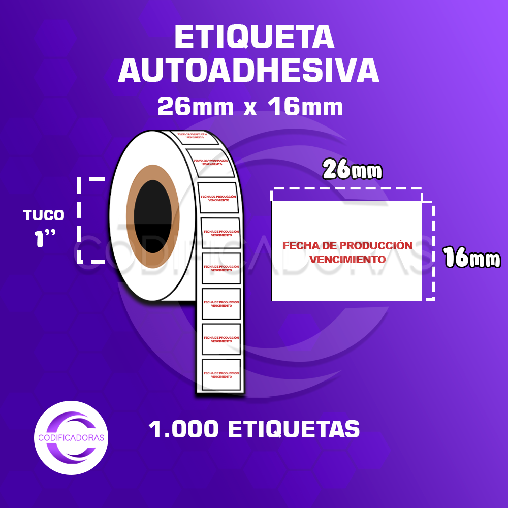 etiquetas autoadhesivas 26mm x 16mm (FECHA DE PRODUCCIÓN - VENCIMIENTO) ROLLO DE ETIQUETAS ADHESIVAS 26MM X 16MM PARA FECHADORA (FECHA DE PRODUCCIÓN – VENCIMIENTO) – TUCO 1” – 1MIL ETIQUETAS POR ROLLO - Imagen 1