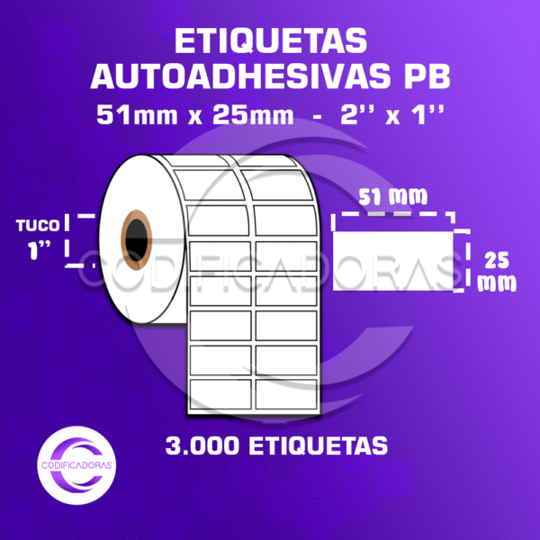 ROLLO DE ETIQUETAS ADHESIVAS 51MM X 25MM PB – (POLIPROPILENO BLANCO) – TUCO 1″ – 3MIL ETIQUETAS POR ROLLO