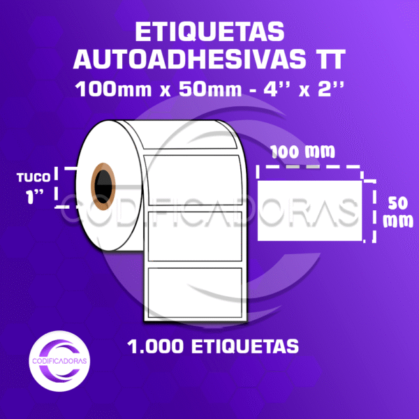 ROLLO DE ETIQUETAS ADHESIVAS 100MM X 50MM TT – (TERMO TRANSFERESNCIA) – TUCO 1″ – MIL ETIQUETAS POR ROLLO