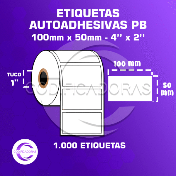 ROLLO DE ETIQUETAS ADHESIVAS 100MM X 50MM PB – (POLIPROPILENO BLANCO) – TUCO 1″ – MIL ETIQUETAS POR ROLLO