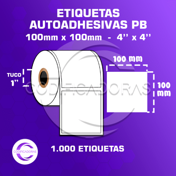 ROLLO DE ETIQUETAS ADHESIVAS 100MM X 100MM PB – (POLIPROPILENO BLANCO) – TUCO 1″ – MIL ETIQUETAS POR ROLLO