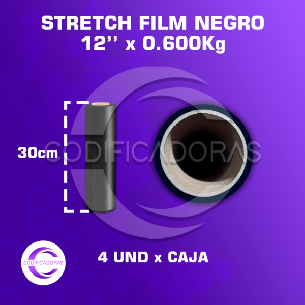 Stretch Film Negro De 12'' X0.600kg Altura 30 Cm - Caja X4 Unid