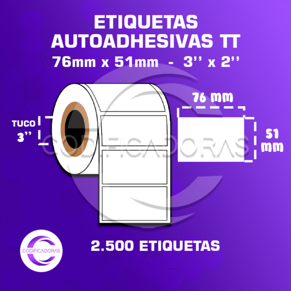 ROLLO DE ETIQUETAS ADHESIVAS 76MM X 51MM TT – (TERMO TRANSFERESNCIA) – TUCO 3″ – 2.5MIL ETIQUETAS POR ROLLO