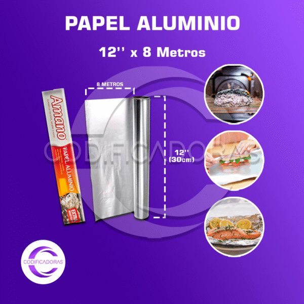 Papel Aluminio  Rollo 12'' x 8 metros- caja X 24 unidades
