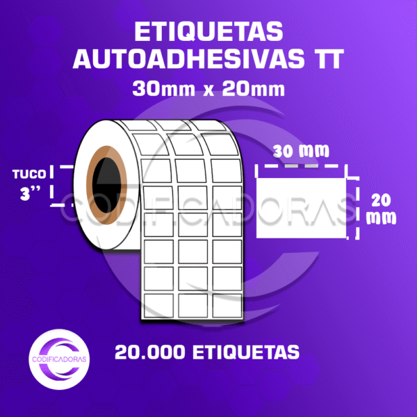 ROLLO DE ETIQUETAS ADHESIVAS 30MM X 20MM TT – (TERMO TRANSFERENCIA) – TUCO 3″ – 20MIL ETIQUETAS POR ROLLO