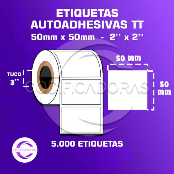 ROLLO DE ETIQUETAS ADHESIVAS 50MM X 50MM TT – (TERMO TRANSFERESNCIA) – TUCO 3″ – 5MIL ETIQUETAS POR ROLLO