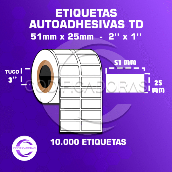 Rollo De Etiquetas Adhesivas 51mm X 25mm Td – (Térmico Directo) – Tuco 3″ – 10mil Etiquetas Por Rollo