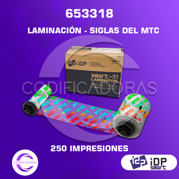 Cinta Ribbon Laminación siglas de MTC IDP Smart 51 CH 653318 – 250 impresiones - para Impresora de Carnets