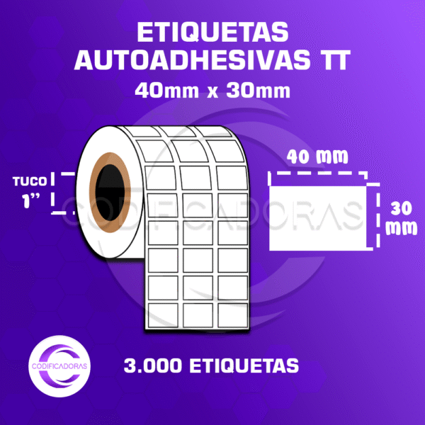 Rollo De Etiquetas Adhesivas 40mm X 30mm TT – (Termo Transferencia) – Tuco 1″ – 3mil Etiquetas Por Rollo