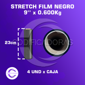 Stretch Film Negro De 9'' X0.600kg Altura 23 Cm - Caja X4 Unid